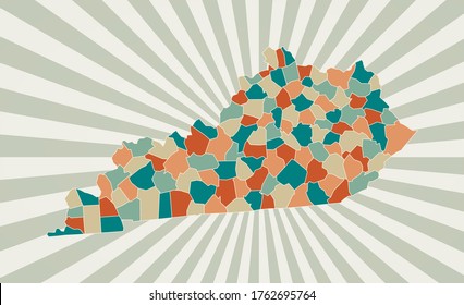 Kentucky map. Poster with map of the US state in retro color palette. Shape of Kentucky with sunburst rays background. Vector illustration.