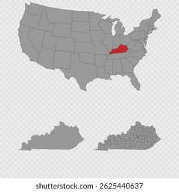 Kentucky map set with USA location, clean outline, and full county breakdown.