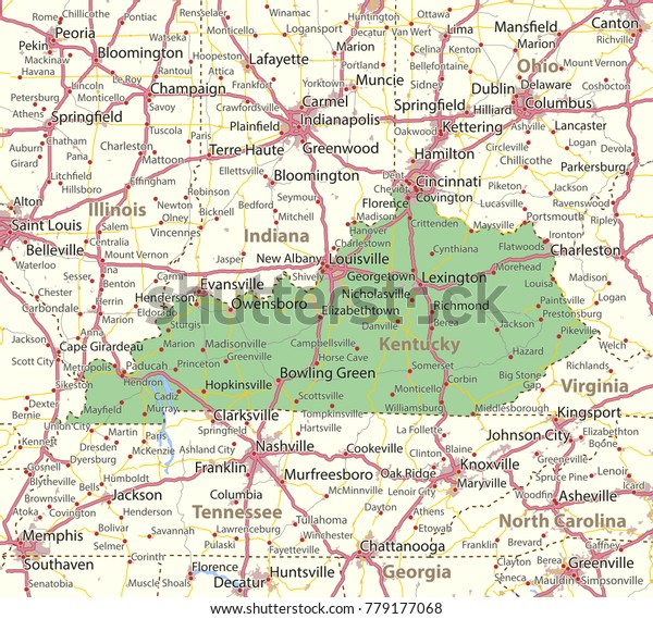 Kentucky Map Shows State Borders Urban Stock Vector (Royalty Free ...