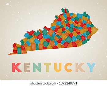 Mapa de Kentucky. Afiche del estado de EEUU con regiones de colores. Vieja textura gruesa. Ilustración vectorial de Kentucky con el nombre de estado de ee.uu.