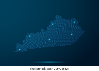 Kentucky Map - USA, United States of America Map vector template with dots, halftone style and light, network line, design sphere on blue technology background -  Vector illustration ep 10