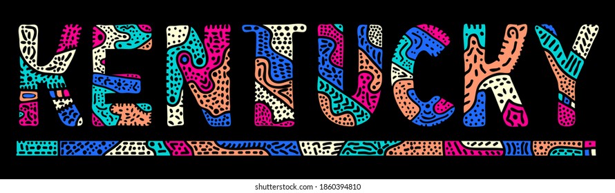 Kentucky. Multicolor doodle isolate contrast inscription. Patterned curves crooked letters. US state Kentucky for print, clothing, t-shirt, souvenir, banner, flyer, advertising. Stock vector picture.