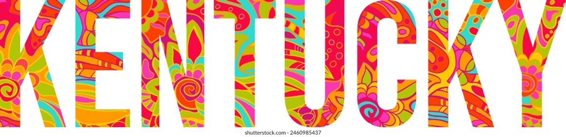 Kentucky neon header text illustration, filled with doodle pattern.