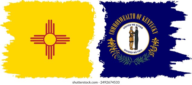 Kentucky and New Mexico states grunge brush flags connection, vector