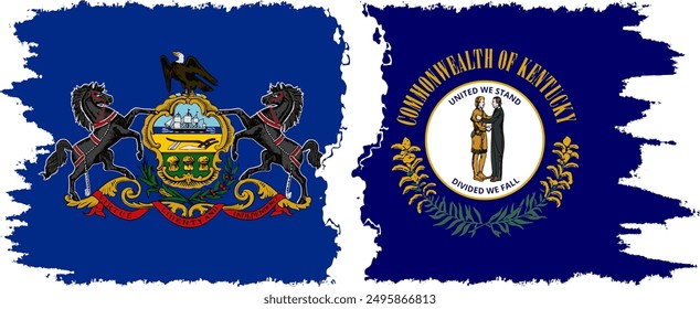Kentucky and Pennsylvania states grunge brush flags connection, vector