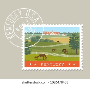 Diseño del sello postal de Kentucky. Ilustración vectorial de caballos pastoreando en campos verdes con establos en el fondo. Grunge la marca postal en una capa separada.