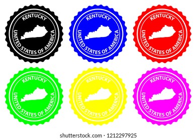 Kentucky - rubber stamp - vector, Kentucky (United States of America) map pattern - sticker - black, blue, green, yellow, purple and red 