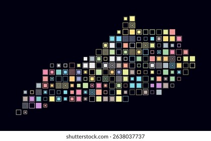 Kentucky, shape of the state built of colored cells. Digital style map of Kentucky on dark background. Large size square blocks. Vibrant vector illustration.