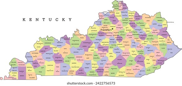 Kentucky state administrative map with counties and seats. Clored. Vectored. Bright colors