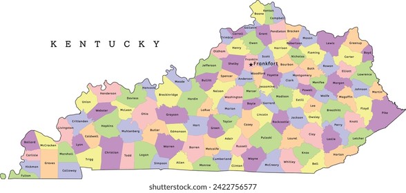 Kentucky State administrative Karte mit Bezirken. Bekleidet. Vektorgrafik. Helle Farben