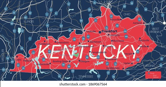 Kentucky state detailed editable map with cities and towns, geographic sites, roads, railways, interstates and U.S. highways. Vector EPS-10 file, trending color scheme
