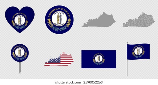 Kentucky State Flags and Maps Icon Pack. Vector illustration.