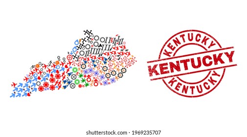 Kentucky State map collage and scratched Kentucky red round stamp seal. Kentucky badge uses vector lines and arcs. Kentucky State map collage contains helmets, homes, lamps, bugs, men, and more icons.