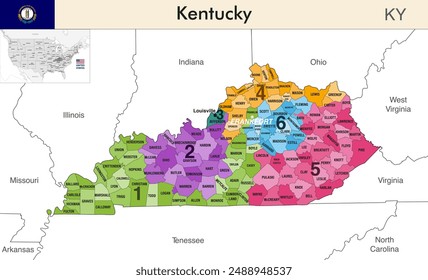 Mapa del estado de Kentucky con las fronteras de los condados y los distritos electorales coloreados debido al censo de Estados Unidos de 2020 y que es válido desde 2023. Bandera de Kentucky. Vector