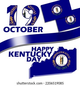 Kentucky state map and flags with bold text and ribbon on white background to commemorate Kentucky Day on October 19