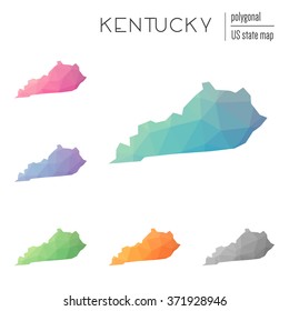 Kentucky state map in geometric polygonal style. Set of Kentucky state maps filled with abstract mosaic, modern design background. Multicolored state map in low poly style
