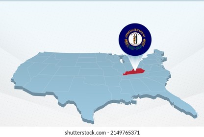 Kentucky state map on United States of America map in perspective. Vector presentation.