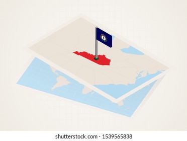 Kentucky state selected on map with isometric flag of Kentucky. Vector paper map.