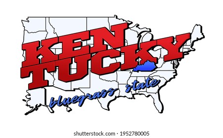 kentucky state. Vector illustration with US kentucky state on american map with lettering. Touristic Greeting Card isolated on white