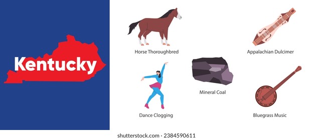 Kentucky states with symbol icon of clogging bluegrass music appalachian dulcimer coal thoroughbred illustration