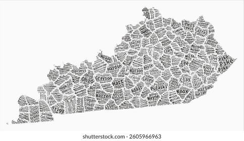 Kentucky Text Style Counties. State region names word clouds in English language. Beautiful vector illustration.