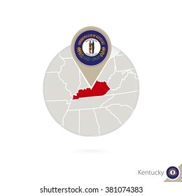 Kentucky US State map and flag in circle. Map of Kentucky, Kentucky flag pin. Map of Kentucky in the style of the globe. Vector Illustration.