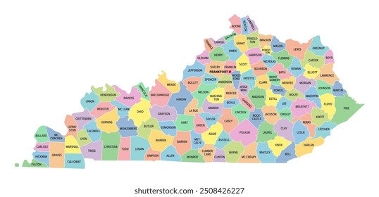 Kentucky, U.S. state, multi colored political map with borders, county names and Capital Frankfort. State in the Southeastern Region of the United States, subdivided into 120 counties. Bluegrass State