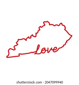 Kentucky US state red outline map with the handwritten LOVE word. Continuous line drawing of patriotic home sign. A love for a small homeland. Interior decoration idea. Vector illustration.