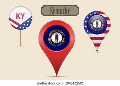 Kentucky US state round flag. Map pin, red map marker, location pointer. Hanging wood sign in vintage style. Vector illustration. American stars and stripes flag. Two-letter state abbreviation.