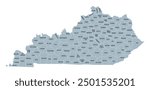 Kentucky, U.S. state subdivided into 120 counties, gray political map with borders and county names. Commonwealth of Kentucky, a state in the Southeastern Region of USA, nicknamed The Bluegrass State.