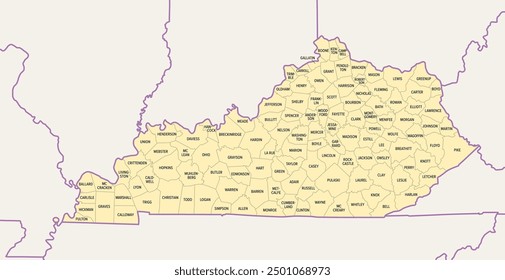 Kentucky, U.S. state subdivided into 120 counties, political map with borders and county names. Commonwealth of Kentucky, a state in the Southeastern Region of the USA, nicknamed The Bluegrass State.