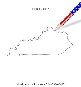 Kentucky US state vector map pencil sketch. Kentucky outline contour map with 3D pencil in american flag colors. Freehand drawing vector, hand drawn sketch isolated on white.