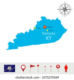 Kentucky Vector Map Isolated on White Background. High Detailed Silhouette of Kentucky State. Vector Flag of Kentucky. 3D Map Markers or Pointers, Navigation Elements. Rose of Wind or Compass Icon