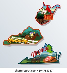 Kentucky, Virginia, West Virginia illustrations retro luggage stickers