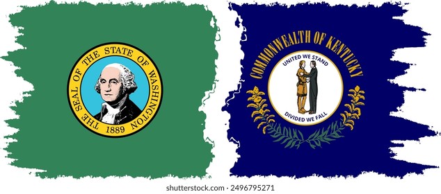 Kentucky and Washington states grunge brush flags connection, vector