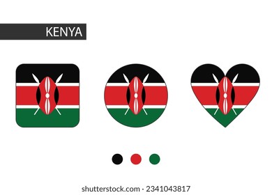Kenya 3 shapes (square, circle, heart) with city flag. Isolated on white background.