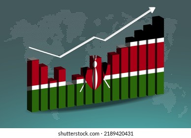 Kenya 3D-Bardiagramm mit Höhen und Tiefs, steigenden Werten, Kenya-Länderflagge auf 3D-Balken, aufsteigender Pfeil auf Daten, Nachrichtenbanner-Idee, Entwicklungslandkonzept