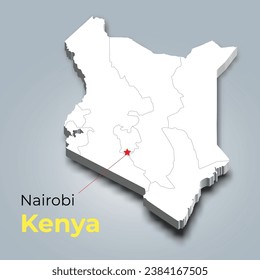 Kenya 3d map with borders of regions and it’s capital