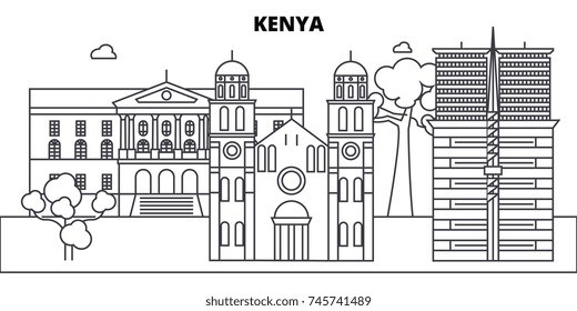 Kenya architecture skyline buildings, silhouette, outline landscape, landmarks. Editable strokes. Urban skyline illustration. Flat design vector, line concept