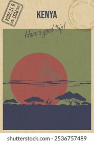 Kenya Attraction Postcard, African Savannah Landscape Illustration, Vector Template Retro Style Greeting Card with handwriting wish. Postal Imprint, Aged Paper Texture