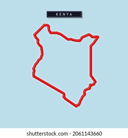 Kenya bold outline map. Glossy red border with soft shadow. Country name plate. Vector illustration.