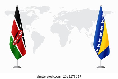 Kenya and Bosnia and Herzegovina flags for official meeting against background of world map.