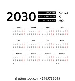 Kenya Calendar 2030. Week starts from Monday. Vector graphic design. Swahili language.