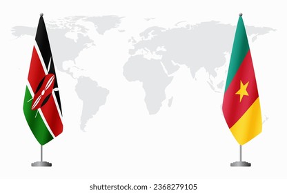 Kenya and Cameroon flags for official meeting against background of world map.