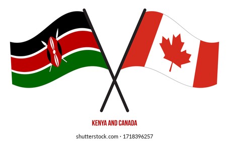 Banderas de Kenia y Canadá Cruzadas y ondeando estilo plano. Proporción oficial. Colores correctos.