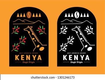 Kenya coffee bean label design with giraffe in coffee garden vector illustration