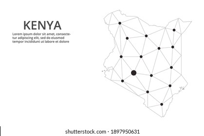 Kenya communication network map. Vector low poly image of a global map with lights in the form of cities. Map in the form of a constellation, mute and stars.