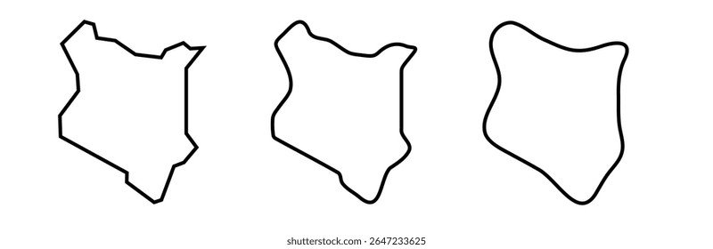 Kenya country black outline silhouettes in three different levels of smoothness. Simplified maps. Vector icons isolated on white background.