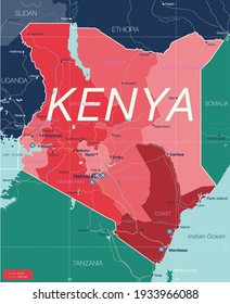 Kenya country detailed editable map with regions cities and towns, roads and railways, geographic sites. Vector EPS-10 file