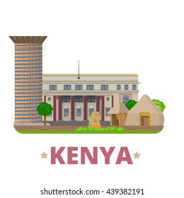 Kenya country flat cartoon style historic sight vector illustration. World vacation travel Africa collection. Kenyatta International Convention Centre National Archives Bomas Nairobi National Museum.